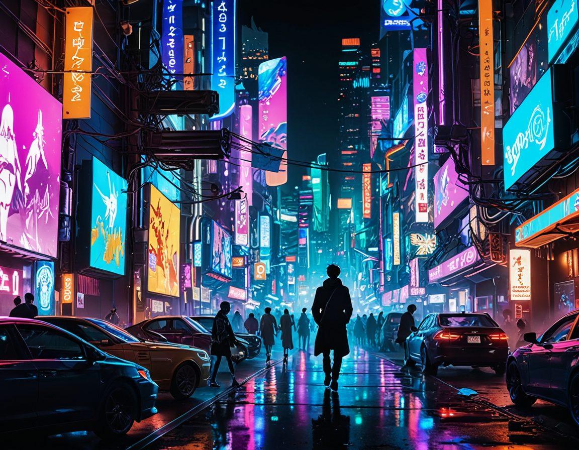 An intricate fusion of iconic anime characters in a vibrant cityscape, surrounded by manga panels and subtle adult-themed elements integrated into the background. The characters are engaged in playful interactions that highlight both the whimsical charm of otaku culture and hints of sophistication in adult themes. Neon lights and colorful banners pulse with energy, drawing the viewer into a world where fantasy and reality intertwine. A harmonious balance of innocence and allure is depicted artistically. vibrant colors. cyberpunk style.